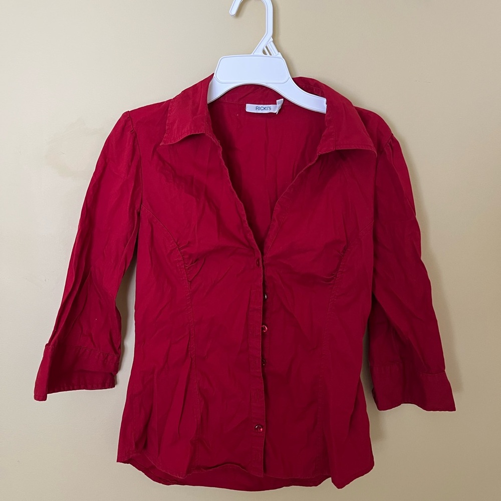 Red collared Button Down Women's Shirt with princess seams and hourglass fit